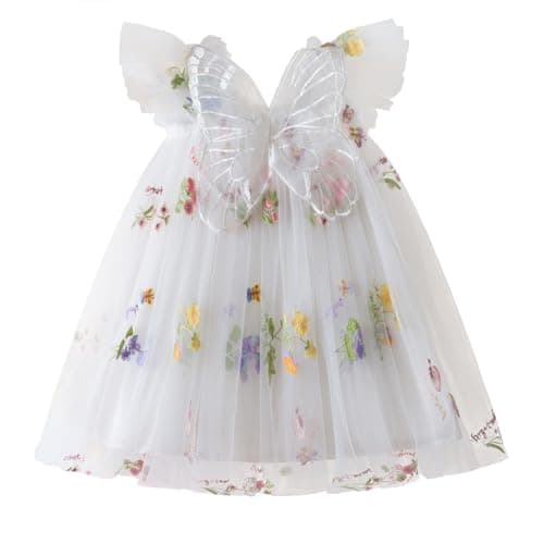 Image of NNJXD Baby Girl Flower Embroidery Tulle Dress Butterfly Toddler Birthday Party Dresses 2109 White Size(80) 6-12 Months