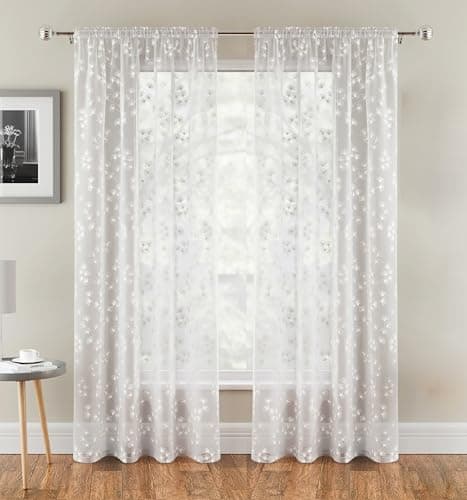 Image of Tyrone Textiles Pair of Delila White Trail Leaf Print Sheer Voile Panels 229 CM with Rod Pocket Header