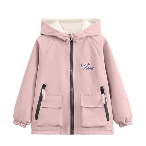 Image of duxyoz Waterproof Rain Jacket Kids Boys Girls - Fleece Lined,Water-Resistant,Windproof,Long Sleeve,Hooded,Warm Lightweight Raincoats Pink 11-12 Years