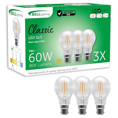 Image of BELL Lighting B22 Bayonet Filament Dimmable Light Bulb LED GLS 3 Pack | Warm White 2700K | 806 Lumen 7W | Energy Saving GLS LED Light Bulb | 60W Lamp Equivalent