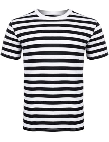 Image of ANZEE DISCOVER THE NEW YOU Men Women's Striped T-Shirt Unisex Crew Neck Short Sleeve Stripes T-Shirt Cotton Top Round Neck Kids Casual Crewneck Summer Wears White/Black Medium