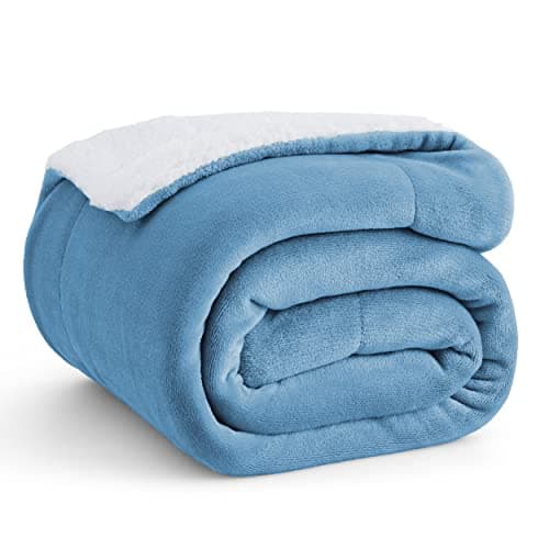 Image of Bedsure Sherpa Fleece Throw Blanket - Thick and Warm, Fluffy Microfiber Solid & Soft Blankets for Bed and Couch Double/Twin Size, Washed Blue, 150x200cm