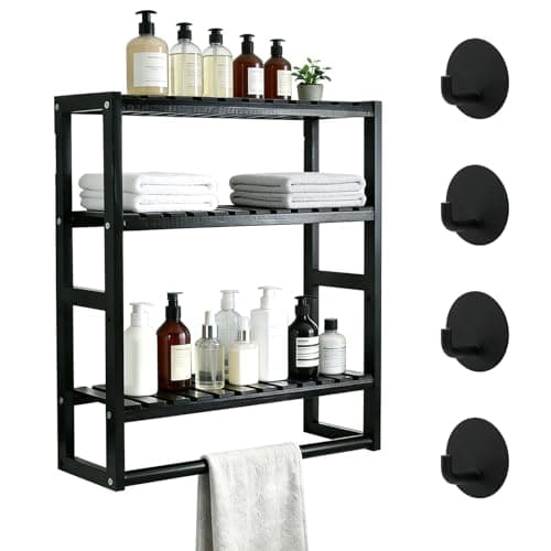 Image of Juwacoo Bathroom Shelf Storage with 4 Hooks, Shelf 3-Tier Adjustable Layer Bathroom Shelves Wall Mounted, Over Toilet Rack Bathroom Organizer with Towel Rack for Bathroom,Kitchen,Living Room (Black)