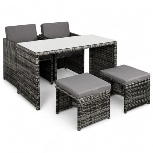 Image of Panana Rattan Garden Dining Set, 4 Seater Space Saving Patio Furniture with Glass Table, 2 Armchairs & 2 Stools, Cushioned Outdoor Table and Chairs for Balcony Terrace Decking