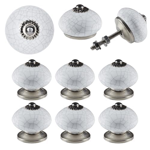 Image of ETHNICITI Pack of 6 Round White Crackle 40mm Ceramic Door Knobs Vintage Shabby Chic, Wardrobe Cabinet Cupboard Drawer Interior Furniture Pulls Handles Bedroom Dresser Lounge Kitchen