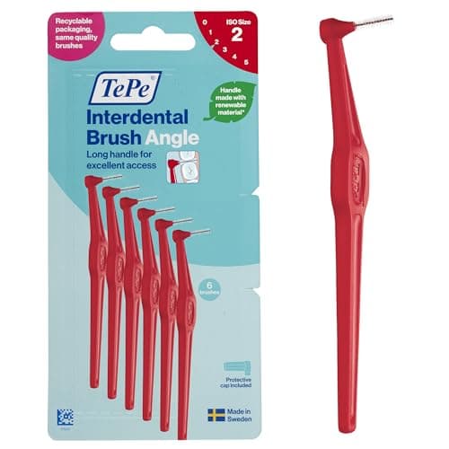 Image of TePe Interdental Brush Angle, Red, 0.5mm/ISO 2, 6pcs, Interspace Cleaning, Plaque Remover for Teeth with Narrow Gaps, ensures Strong Gums and Teeth, Carton Pack