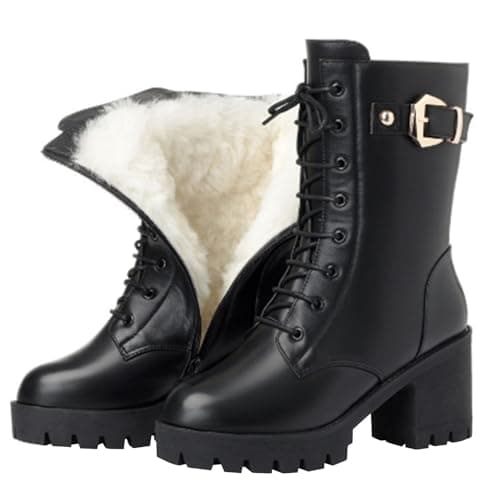 Image of Winter Womens Boots Mid Calf Fleece Lined Warm Snow Booties Platform Block Heel Lace Up Blake Ankle Boots Fashion Biker Boots Non Slip Walking Shoes Casual Comfort Outdoor Ladies Boots