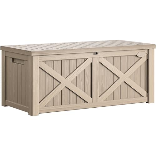 Image of YITAHOME 450L Large Garden Outdoor Storage Box with X-Shaped Front, Waterproof Resin Deck Box Cushion Storage Bench for Patio, Pool Supplies, Garden Tools- Lockable, Taupe