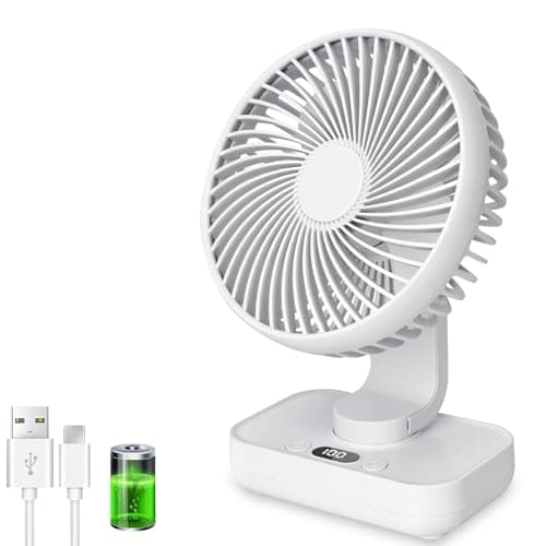 Image of Portable Desk Fan, 4500mAh Rechargeable Small USB Desk Fan, Quiet Operation with 120° Oscillation & 90° Adjustable Tilt, Digital Display, 4 Speeds, Silent Personal Fan for Home, Office, Bedroom(White)
