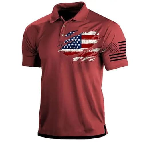 Image of Mens Training Top T Shirts Men Flag Print Shirt Short Sleeve Summer Beach Shirt Breathable Running Sports Tee Top Loose-Fit Sport and Fitness Clothing Fashion Crew Neck T-Shirt Red