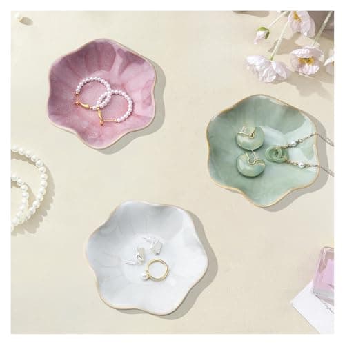 Image of YoHyien 3 Pcs Ceramic Jewellery Dish Tray, Decorative Trinket Dish, Flower Shaped Ring Dish, Trinket Tray for Necklace, Bracelet, Earrings, Gifts for Her, Mum, Women (Pink + Green + Grey)