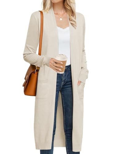 Image of GRACE KARIN Women Lightweight Knitted Warm Maxi Long Cardigans V Neck Soild Colour Casual Cardigan Apricot M