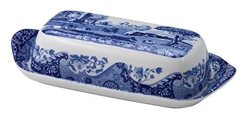 Image of Spode x Blue Italian Porcelain Butter Dish with Lid - Elegant Design Featuring Signature Blue and White Oriental border, Dishwasher Safe, Suitable for Kitchen Display and Everyday Use, Made in England