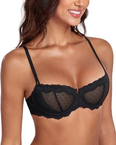 Image of Lemorosy Women's Balconette Push Up Bra Unlined Non-Padded Half Cup Lace Sheer Underwire(Black 34C)