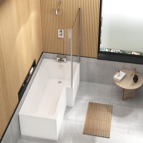 Image of Qubix 1500 x 850mm Right Hand L-Shaped Shower Bath Bathtub with Glass Shower Screen Compact Bathroom Solution