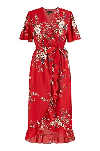 Image of Mela London Mela Red Floral Dip Hem Wrap Midi Dress 10 Red