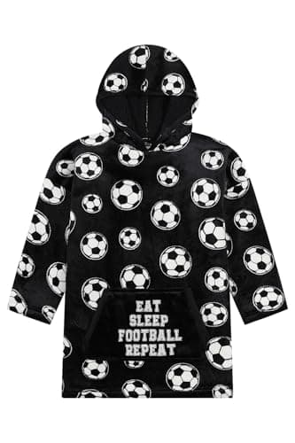 Image of ThePyjamaFactory Boys Eat Sleep Football Black and White Fully Lined Luxury Fleece Hoodie, Oversized Fleece Blanket Hoody For Kids (7-13 Years)