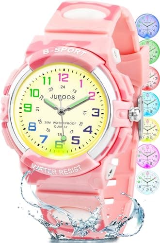 Image of Juboos Kids Watches for Boys and Girls, 7 Color Dial Waterproof Analog Quartz Watch with Soft Band, Time Teaching Watch for Kids 5-16 (Camouflage Powder)