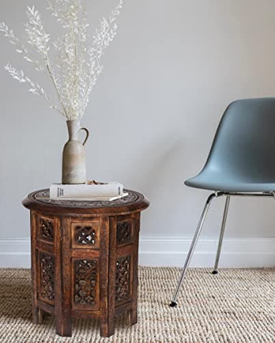 Image of topfurnishing Beautiful Round Hand Carved Indian Shesham Wooden Coffee Table Side[Brown,large 18"x18"x18"]