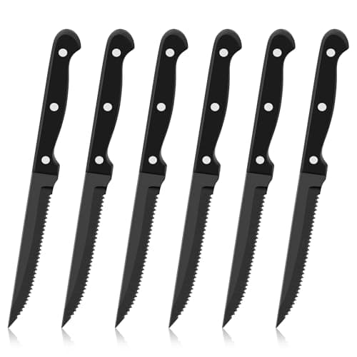 Image of Herogo Steak Knives Set of 6, Stainless Steel Kitchen Knife Set with Ergonomic Handle, Dinner Black Steak Knife with Sharp Serrated Edge, Rustproof & Stain Resistant, Dishwasher Safe