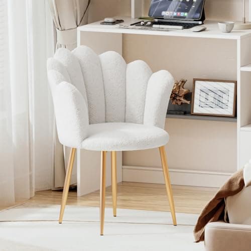 Image of Armchair Tub Chair, Boucle Vanity Chair Shell Accent Chairs with Gold Plating Metal Legs, Leisure Single Sofa Dressing Chairs for Home, Office, Bedroom, Living Room, Dining Room, White