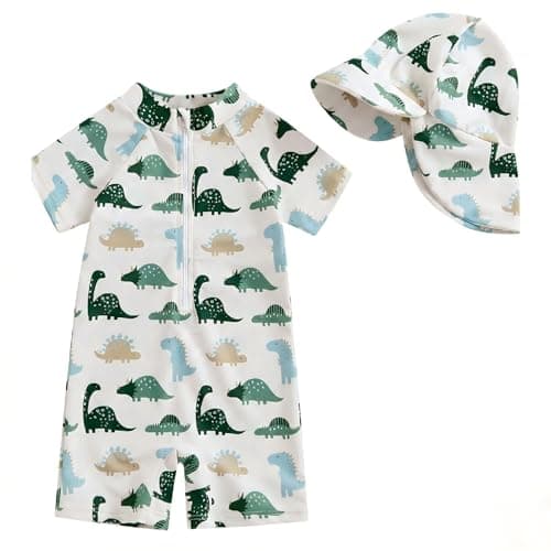 Image of JiAmy Baby Boys Swimming Costume with Sun Hat Short Sleeve Zip Up Rash Guard Sun Protection Beach Swimsuit Infant Toddler One Piece Bathing Suits Green 1-2 Years