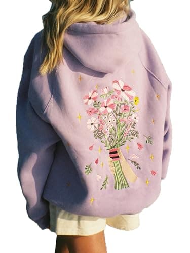 Image of YILEEGOO Y2k Hoodies for Women Teen Girls Embroidery Graphic Flower Oversized Hooded Sweatshirts Vintage Floral Sweater Pullover Tops (Light Purple, L)