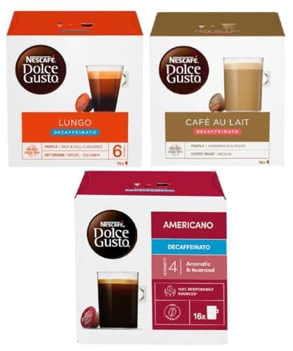 Image of NESCAFÉ DOLCE GUSTO Decaf Variety Pack Coffee Pods (Pack of 3, Total 48 Decaffeinated Capsules) – Lungo, Café Au Lait, Americano