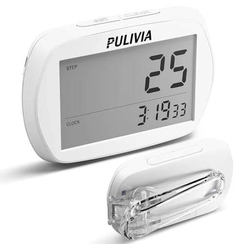 Image of PULIVIA Pedometer for Walking 3D Step Counter with Clock, Simple Operation Portable Steps Tracker with Clip Lanyard, White