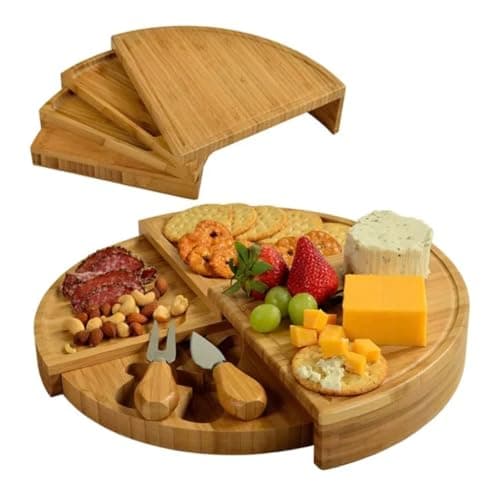 Image of LOVING NATURE Bamboo Round Cheese Board and Knife Set: Large Charcuterie Board Set & Cheese Platter, Unique House Warming Gifts, New Home, Anniversary & Wedding Gifts for Couple