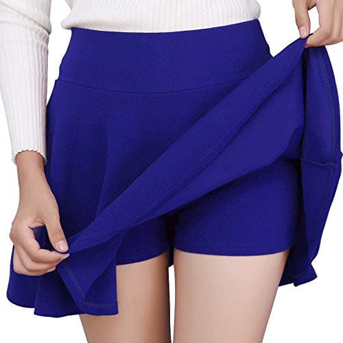 Image of DJT Women's Girls Stretchy High Waist Pleated Casual Mini Skater Skirts with Shorts Small Blue