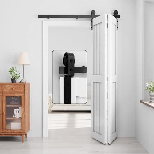Image of WINSOON 5FT/152CM Bifold Sliding Door Kit Folding Barn Door Sliding Track Kit Black Closet Rail Roller Bi Folding Door, for Interior Double Wooden Door 71CM, No Door
