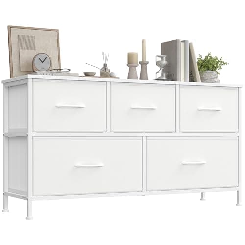 Image of SONGMICS Chest of Drawers, 5 Storage Drawers Bedroom, Storage Unit, Steel, MDF, Non-Woven Fabric, for Bedroom, Closet, Hallway, Living Room, Cloud White and Snow White LGS322WH01
