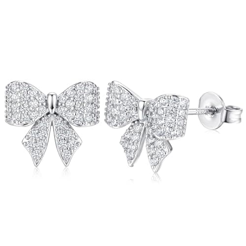 Image of JeweBella 925 Silver Earrings for Women, Trendy Fashion Bow Earrings with Cubic Zirconia for Women Girls Teens, Dainty Hypoallergenic Small Stud Earrings for Sensitive Ears Silver