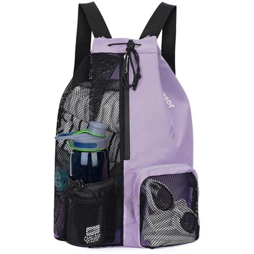 Image of WANDF Swim Bag Mesh Drawstring Backpack with Wet Pocket for Swimming, Gym, and Workout Gear (Purple)
