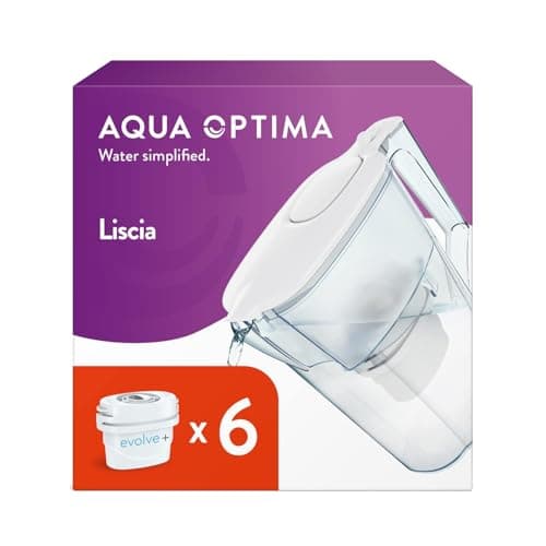 Image of Aqua Optima Liscia Water Filter Jug & 6 Evolve+ Filter Cartridges 2.5L White - Fridge & Dishwasher Friendly, Easy Fill - Reduces Limescale, Chlorine & Other Impurities - By LAICA (Packaging May Vary)