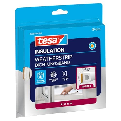 Image of tesa INSULATION Weatherstrip Rubber XL - Rubber Seal - Self-adhesive Seal for Insulating gaps on windows and doors - White - 6 m x 9 mm x 7 mm