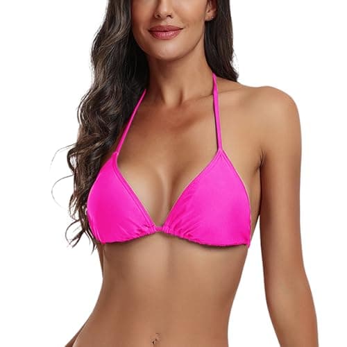 Image of FITTOO Neon Pink Bikini Top for Women Sexy Triangle Bikini Top with Adjustable Strings Swimwear Pink M