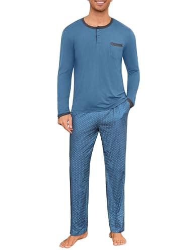 Image of Jahetuul Mens Pyjama Set Cotton Long Sleeve Button Down Top & Bottom Pants With Pockets Drawstring Casual Home Loungewear 2 Piece Pjs Sets Blue