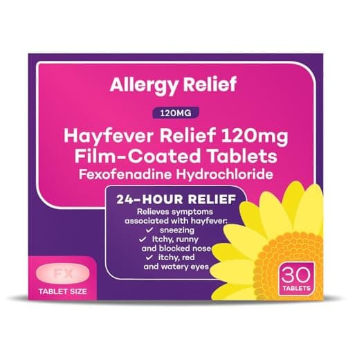 Image of Fexofenadine Hydrochloride 120mg Tablets – Non-Drowsy Allergy Relief for Hay Fever & Itchy Skin – Pack of 30