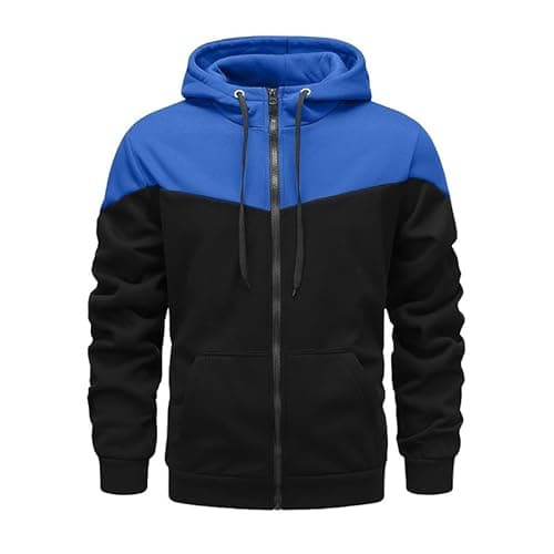 Image of CTU Mens Fleece Hoodies Zip up Hooded Sweatshirt Patchwork Casual Hoody Contrast Color Top Long Sleeve Warm Jacket Blue M
