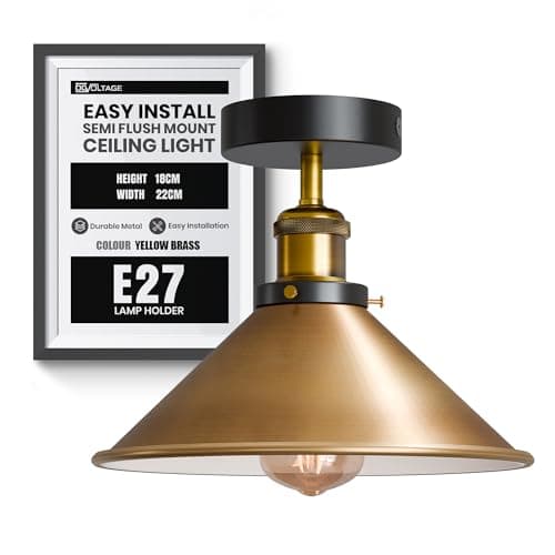 Image of DC VOLTAGE Vintage Semi Flush Mount Ceiling Lamp Metal E27 Base 22cm Yellow Brass Cone Lampshade Indoor Ceiling Lighting for Hallway Entrance Kitchen Bedroom Dining Rooms Living Rooms with Bulb