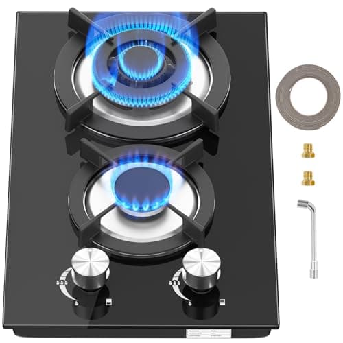 Image of Gas Hob 2 burners, Built in Black Glass Gas Hob with Flame Out Protection,with Cast Iron Supports,NG/LPG Convertible