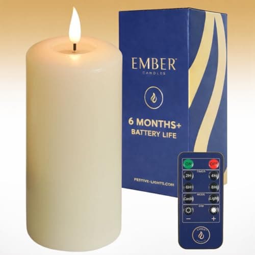 Image of Ember Candles™ - 15cm Flameless LED Candle - Up to 6 Months Battery Life - Ivory Real Wax Pillar Candle - Battery Operated Candle, Remote & Timer Compatible - Realistic Flickering Flame