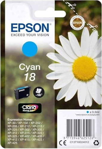 Image of Epson - Cyan Ink Cartridge 18 C13T18024012 for Expression Home XP-30, 102, 202, 205, 212, 215, 225, 302, 305, 312, 315, 322, 325, 402, 405, 412, 415, 415, 415, 402 22, 42 5