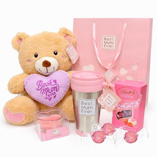Image of Luxury Mothers Day Hamper for Mums – Teddy Bear with Heart Cushion, Stainless Steel Travel Mug, 200g Lindt Strawberry Truffles, Scented Heart Candle & Gift Bag – Mothers Day Gift for Mum, Women