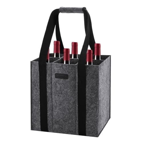 Image of Lewooilt Wine Carrier Bag 6 Bottles, Reusable Felt Wine Bottle Bag Holder with Handles Shape-Retaining Wine Carrier for Transporting Liquor, Champagne, Beer, Drinks, Water, Dark Gray