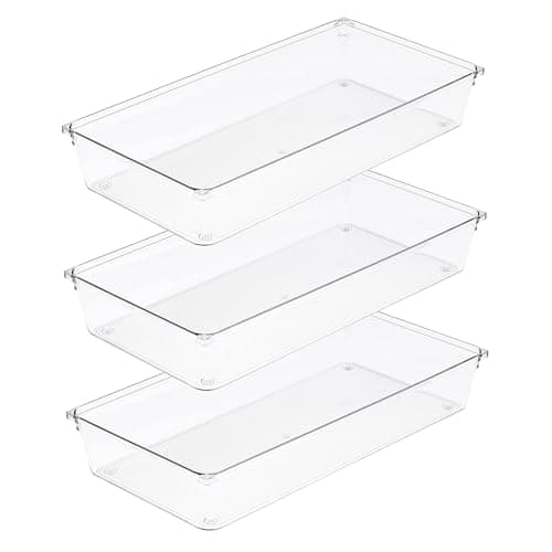 Image of Amtido 3 Pack Drawer Organisers - Sturdy Clear Plastic Storage - Versatile Storage for Kitchen Cutlery, Bathroom, Utensils, Makeup, Office, and Desk Accessories (15.2cm x 30.5cm x 5.1cm)