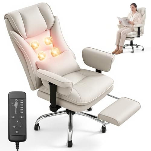 Image of Warmiehomy Massage Office Chair with 4-Point Heated, 155° Reclining, Ergonomic Office Chair with Footrest & Lumbar Pillow, Heavy Duty Executive Computer Chair for Home Office (Tech Fabric, White)