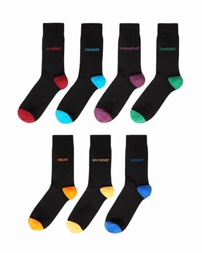 Image of Wonky Line Men’s socks 7-pack – Black weekday socks with colourful toes & heels – Size EU 40-45 – Soft, breathable & comfy cotton blend – Great gift idea